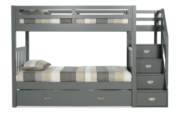 Chadwick Twin/Twin gray stairway bunk bed in transitional style, made of pine solids, with built-in storage stairs, two memory foam mattresses, and a twin trundle.