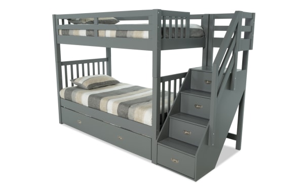Chadwick Twin/Twin gray stairway bunk bed in pine solids with 2 memory foam mattresses, twin trundle, and built-in storage stairs.
