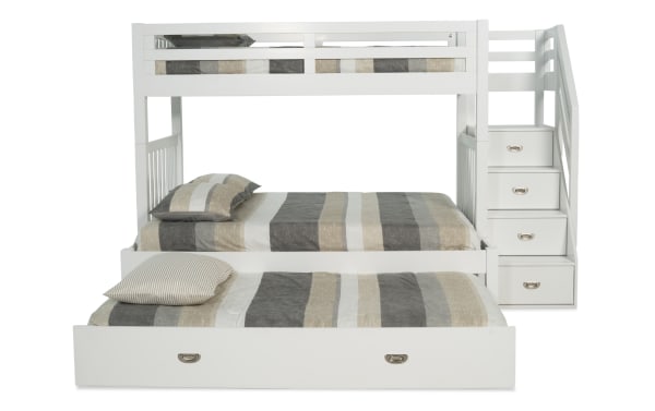 Chadwick Twin/Full white stairway bunk bed in transitional style, made of pine solids, with 2 memory foam mattresses and twin trundle for extra sleep or storage.