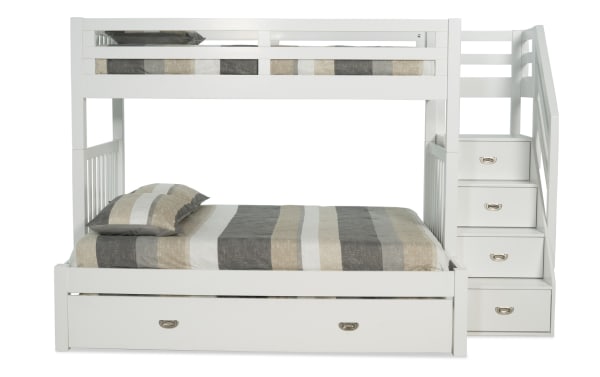 Chadwick Twin/Full white stairway bunk bed in transitional style, made of pine solids, with built-in storage drawers, twin trundle, and two memory foam mattresses.