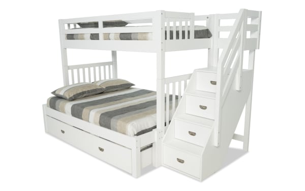 Chadwick Twin/Full white stairway bunk bed in transitional style, made of pine solids, with built-in storage stairs, two memory foam mattresses, and a twin trundle.