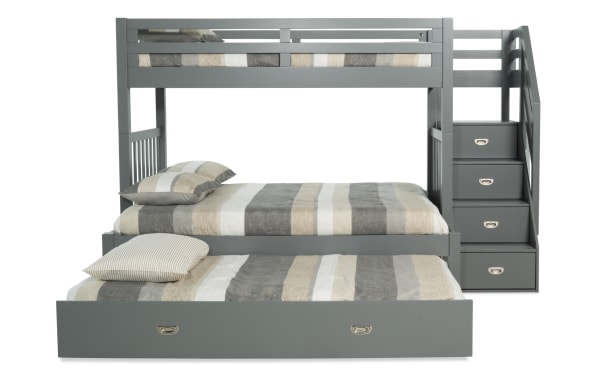 Chadwick Twin/Full gray stairway bunk bed in pine solids with two memory foam mattresses, twin trundle, built-in stair storage, and transitional style.