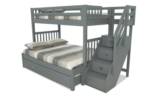 Chadwick Twin/Full gray stairway bunk bed in pine solids with two memory foam mattresses, twin trundle, and built-in storage drawers.