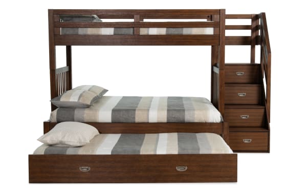 Chadwick Transitional Twin/Full Brown Stairway Bunk Bed in pine solids with 2 memory foam mattresses, twin trundle, and built-in stair storage.