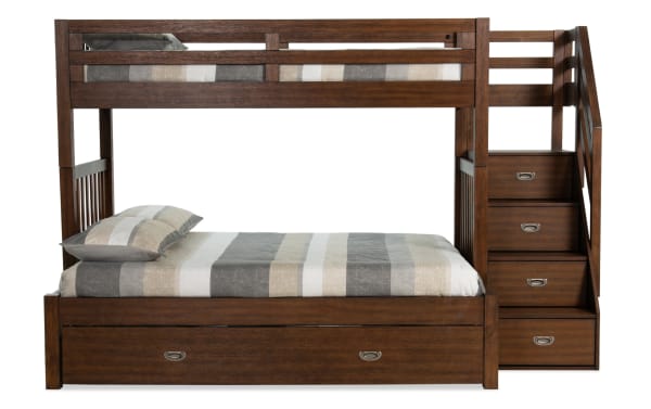 Chadwick transitional twin/full brown stairway bunk bed in pine solids with built-in storage stairs, twin trundle, and two memory foam mattresses.