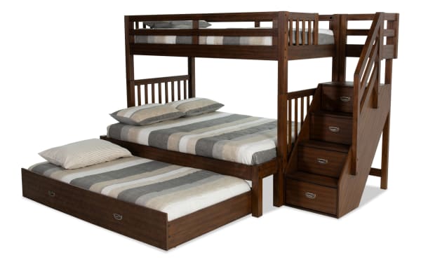 Chadwick transitional brown pine stairway bunk bed with twin/full beds, twin trundle, built-in storage stairs, and 2 memory foam mattresses.