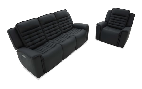 Black leather reclining sofa and armchair set with padded, segmented cushions and wide armrests, designed for modern living room comfort.