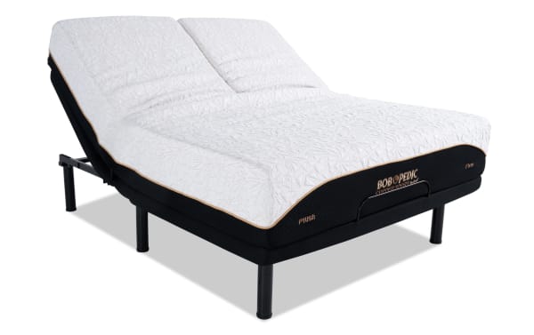 Adjustable Bob-O-Pedic Copper Sport Max mattress with white textured fabric, black base, and split head elevation, labeled "Plush" and "Firm" sides.