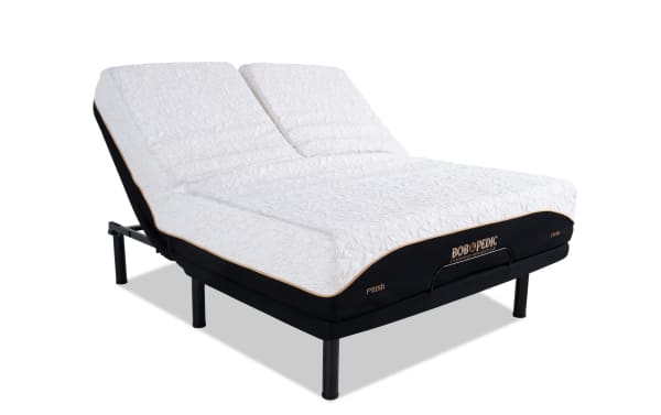 Adjustable split king bed with white textured mattress and black base, featuring "BOBOPEDIC" branding and plush comfort design.