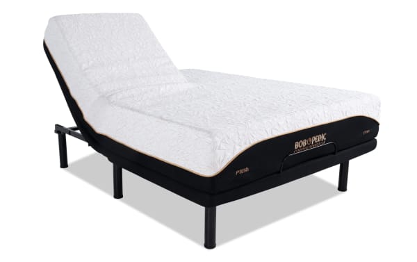 Adjustable bed base with black frame and white patterned mattress, featuring "BOBOPEDIC COPPER SPORTAY" branding and "Plush" and "Firm" labels on sides.