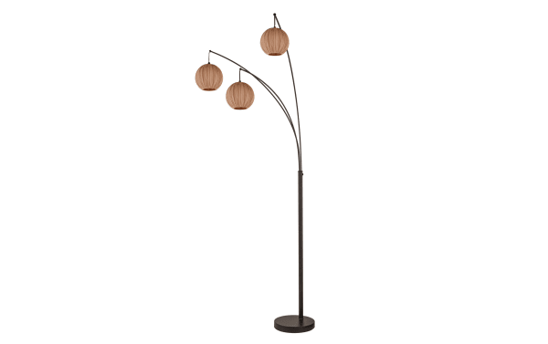 Modern arc floor lamp with three adjustable curved arms and round beige fabric lantern shades, featuring a black metal base and stand.