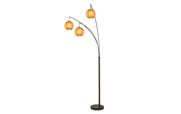 Modern floor lamp with three adjustable curved arms, featuring warm orange paper lantern-style shades and a black metal base.