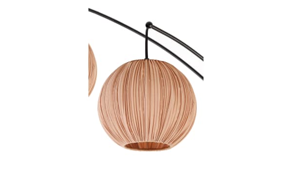 Round hanging pendant lamp with a pleated beige fabric shade and a black curved metal arm, suitable for modern interior lighting.