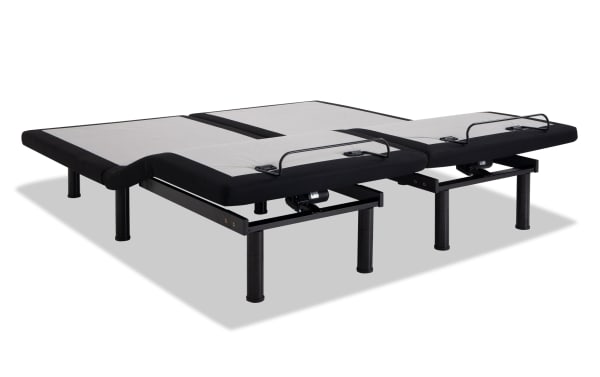 Power Bob Elite Split California King adjustable bed base in black and gray fabric with metal frame, featuring wireless remote control, USB ports, and LED underbed lighting for customizable head and foot positioning.