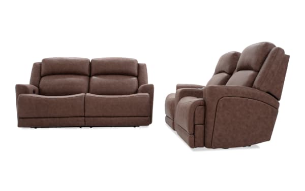 Zeus Living brown 87'' power reclining sofa and 87'' cooling console loveseat in polyester fabric, contemporary style, with power headrests, cup holders, and USB ports.