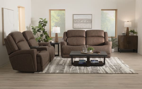 Contemporary Zeus Living brown polyester fabric 87" power reclining sofa and 87" cooling console loveseat with power headrests, cup holders, and USB ports.