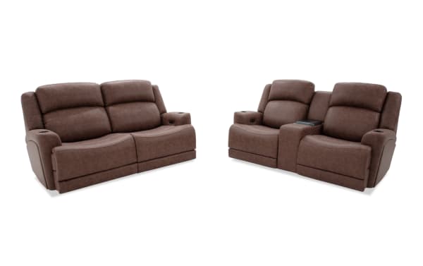 Zeus Living brown 87'' power reclining fabric sofa and 87'' cooling console loveseat with power headrests, cup holders, USB ports, and memory foam.
