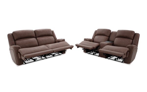 Zeus Living brown 87'' power reclining sofa and 87'' cooling console loveseat with power headrests, polyester fabric, cup holders, USB ports, and memory foam cushions.