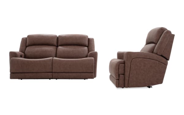 Zeus Living brown 87" contemporary power reclining sofa and recliner set in polyester fabric with power headrests, wide seats, and high backs.