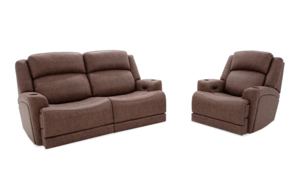 Zeus Living brown 87" power reclining sofa and recliner set in polyester fabric, featuring wide seats, high backs, power headrests, cup holders, and USB/USB-C ports.