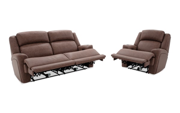 Zeus Living Zeus Brown 87'' power reclining sofa and recliner set in brown polyester fabric with power headrests, cup holders, and USB charging ports, designed for larger individuals with wide seats and high backs in contemporary style.