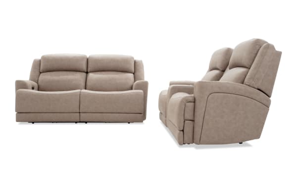 Contemporary Zeus Living beige 87'' power reclining sofa and 87'' cooling console loveseat in polyester fabric, featuring power headrests, cup holders, USB ports, and memory foam cushions.