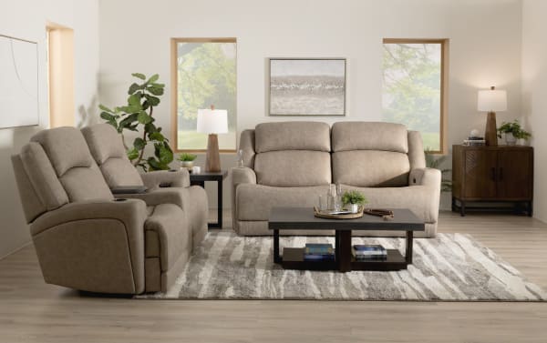 Zeus Living beige 87" power reclining sofa and cooling console loveseat in polyester fabric, featuring power headrests, cup holders, USB ports, and memory foam cushions. Contemporary style with wide seats and high backs designed for larger individuals.