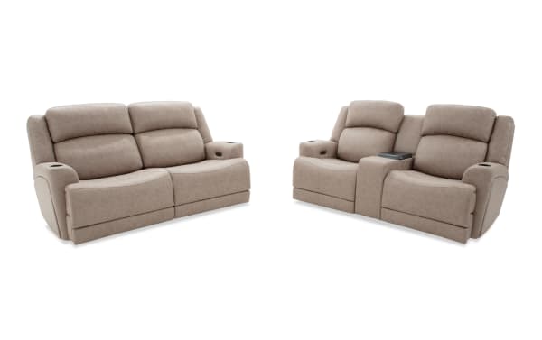 Zeus Living beige 87'' power reclining sofa and 87'' cooling console loveseat with polyester fabric, power headrests, cup holders, and USB ports.