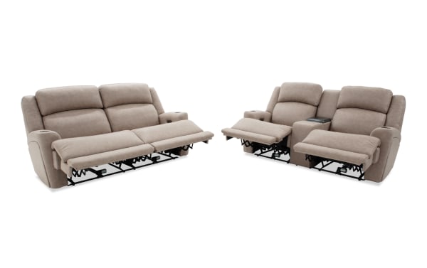 Beige Zeus Living 87" power reclining sofa and cooling console loveseat with polyester fabric, power headrests, cup holders, and USB charging ports.