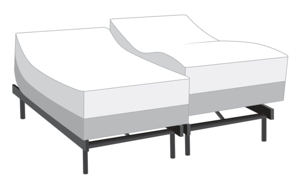 Adjustable split bed frame with black metal legs and two white mattresses featuring ergonomic contouring for personalized comfort and support.