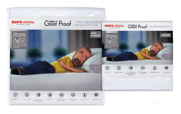 Bob's Goof Proof mattress and pillow protectors packaging showing antimicrobial silver protection, waterproof, machine washable, mold-resistant, moisture-wicking, and zippered features with 10-year warranty.