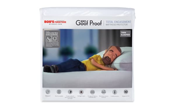 Bob's Furniture Goof Proof Total Encasement Mattress Protector in white, twin sleeper size, featuring antimicrobial silver protection, waterproof, machine washable, MiteTight seams, breathable fabric, 6-sided protection, and 10-year warranty.