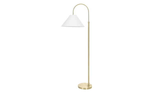Brass floor lamp with a curved arm and white conical fabric shade, featuring a round metal base for living room or office lighting.