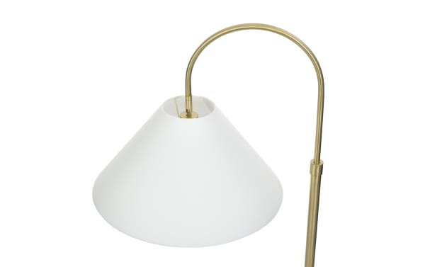 Modern floor lamp with a curved brass arm and a wide white conical lampshade, suitable for living room or office lighting.