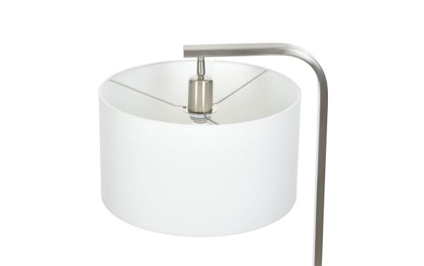 Modern floor lamp with a brushed metal curved arm and a large white fabric drum lampshade, suitable for living room or office lighting.