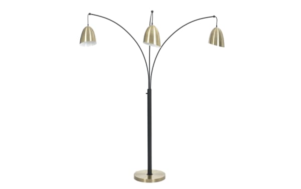 Modern arc floor lamp with three adjustable brass dome shades, black metal curved arms, and a round brass base, ideal for living room lighting.