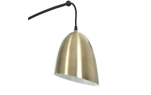 Modern brushed brass pendant lamp with a dome-shaped shade and black adjustable arm, ideal for contemporary interior lighting.