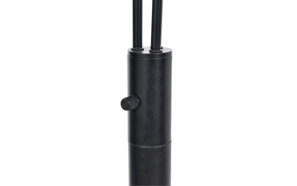 Black cylindrical metal pole with a side knob and two vertical black rods extending from the top, likely part of an adjustable stand or support structure.