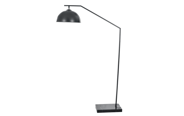 Deacon 79'' black LED arc floor lamp with steel construction, transitional style, marble base, and adjustable curved arm for targeted lighting.
