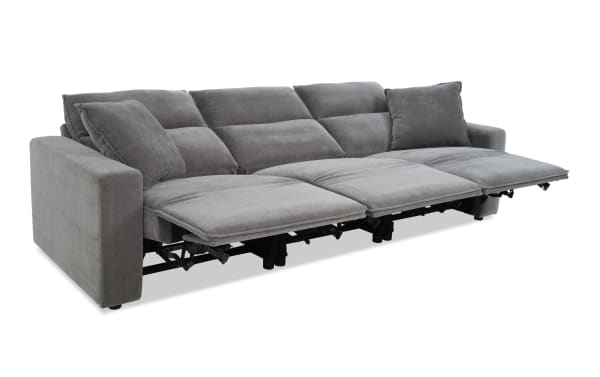 Gray fabric reclining sectional sofa with three seats, plush cushions, and padded armrests, designed for comfort and modern living rooms.