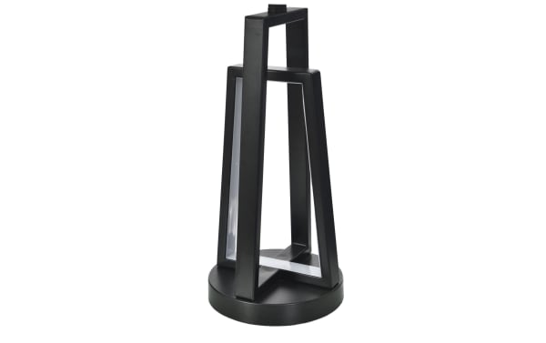Modern black metal lantern with a geometric triangular frame and a round base, designed for decorative indoor or outdoor lighting.