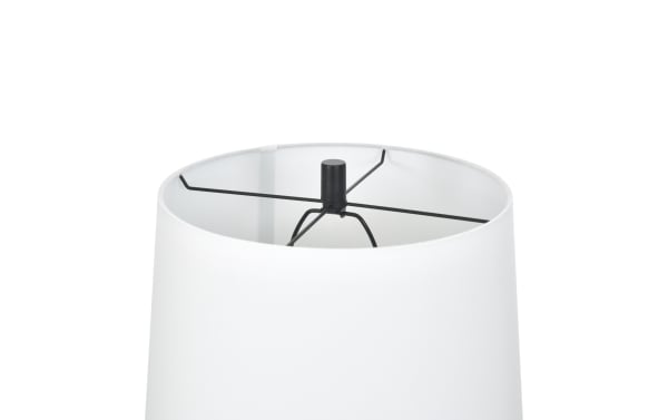 White tapered fabric lampshade with black metal spider fitter frame, designed for table or floor lamps, providing soft, diffused light.