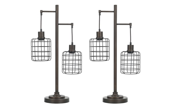 Set of two industrial-style table lamps with dark bronze metal finish, featuring adjustable arms and cage-style wireframe shades.