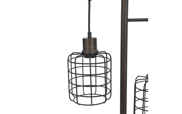 Bronze floor lamp with dual black metal cage pendant light shades, featuring an industrial vintage style and exposed bulb design.