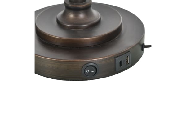 Bronze metal lamp base with a round on/off rocker switch and dual USB ports (USB-C and USB-A) for charging devices.
