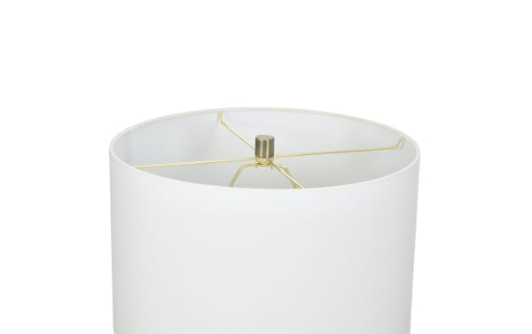 White cylindrical fabric lampshade with gold metal frame support, designed for table or floor lamps, offering a modern and clean lighting accessory.
