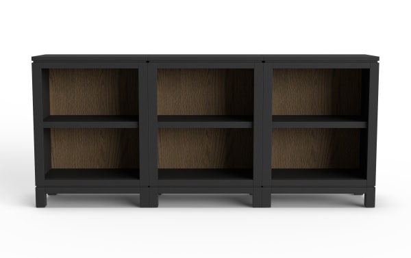 Black wooden bookshelf with three compartments, each featuring two shelves and a dark wood grain back panel, ideal for modern storage.