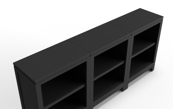 Black modular shelving unit with three open compartments, each featuring a middle shelf, made of matte-finished wood or composite material.