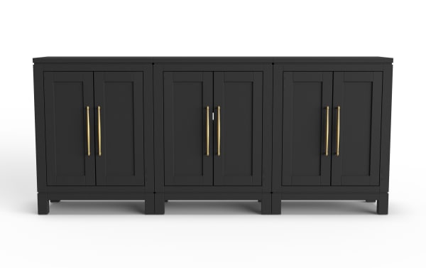 Black wooden sideboard with six paneled doors, gold vertical handles, and a modern, minimalist design for living room storage.