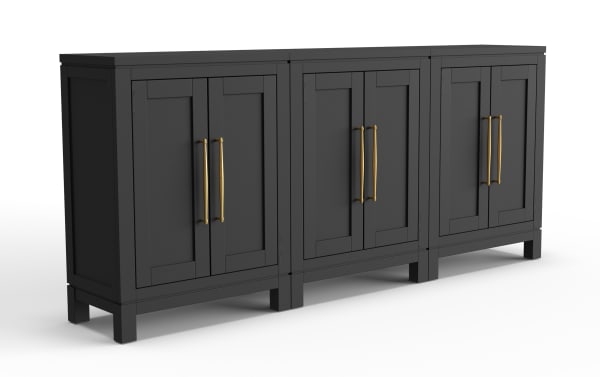 Modern black wooden sideboard with three double-door cabinets, gold metal handles, and a sleek, minimalist design for living or dining rooms.